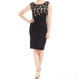 Connected Apparel Black Nude Faux-Wrap Lace Overlay Cap Sleeve Midi Dress - 8P
